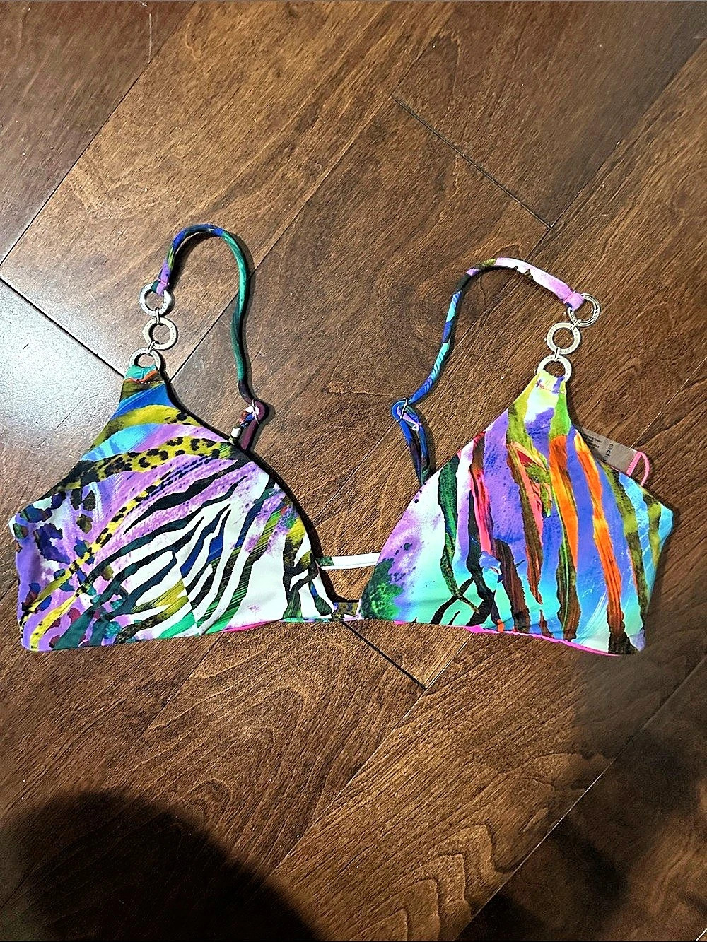 bebe Abstract Bikini Top in Pink & Purple